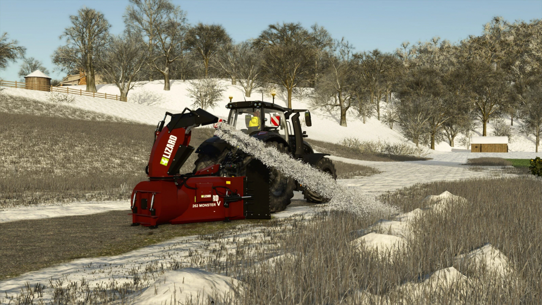 FS25 mod Lizard 262 Monster V snowblower clearing snow in a field during winter.