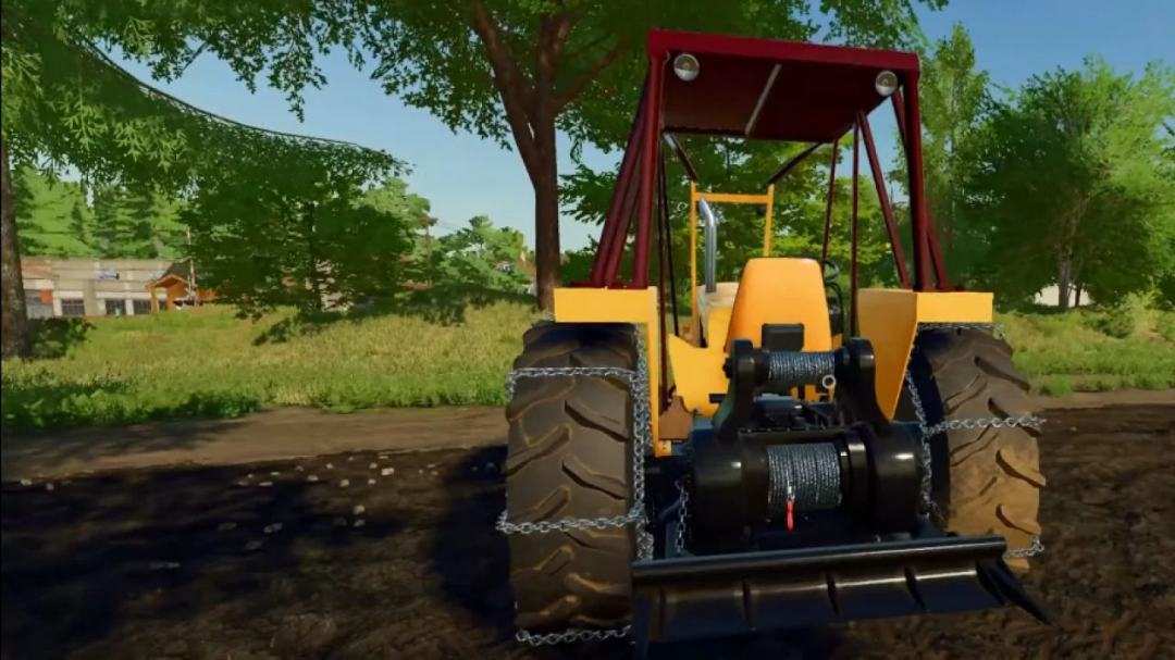 Lizard CBT 2105 tractor in FS22 mod, showcasing rear angle with chains on tires, set in a rural landscape.