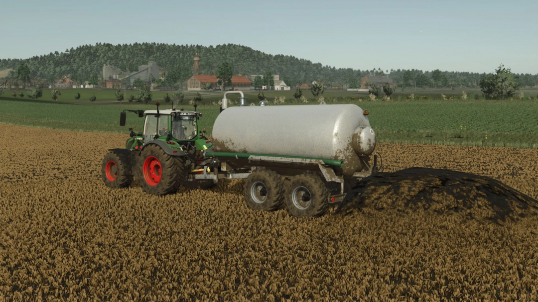 FS25 mod Lizard CIS14 v1.0.0.1, a tractor spreading manure on a field, enhancing Farming Simulator 25 gameplay.