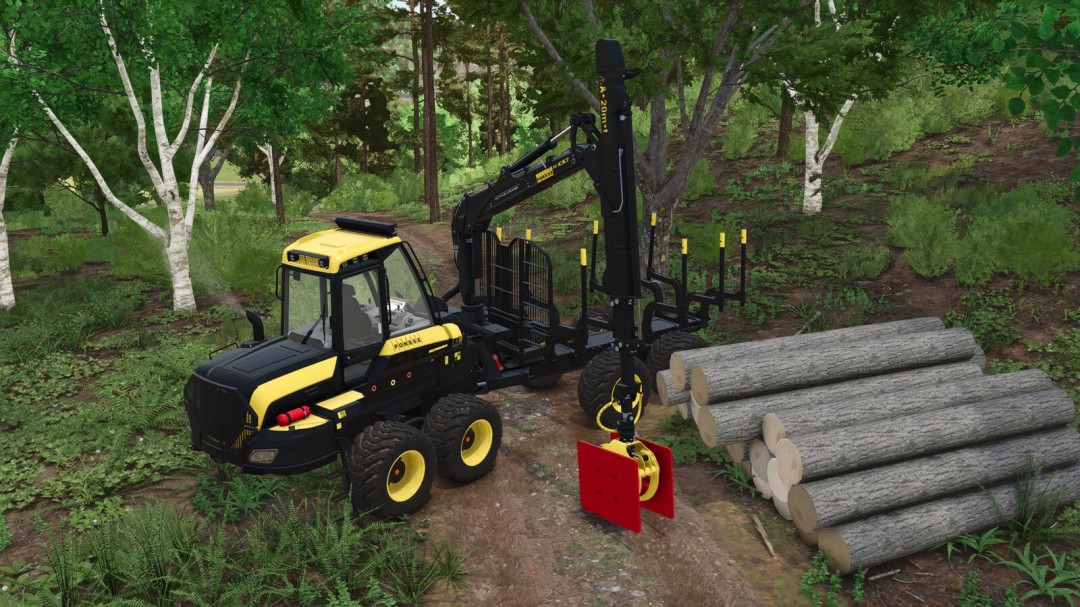 FS25 mod Lizard Knocking Plate v1.0.0.0, a forestry vehicle with a yellow and black design, next to stacked logs in a forest setting.