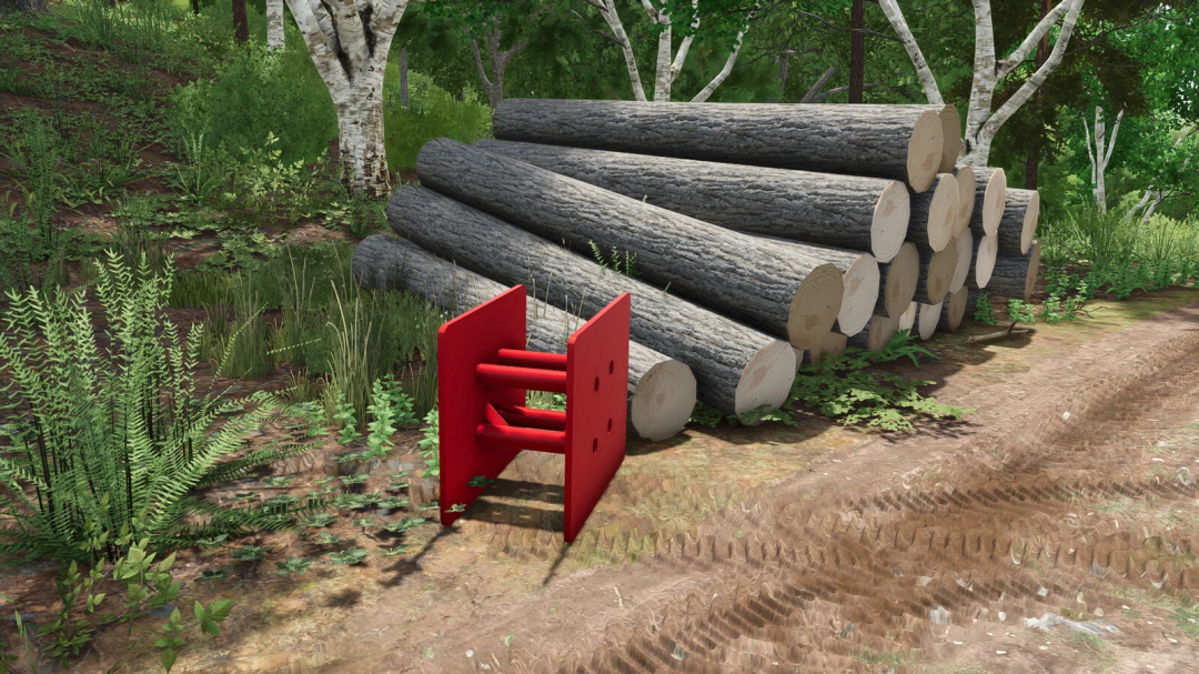 Lizard Knocking Plate v1.0.0.0 mod in FS25 near stacked logs in a forest setting.