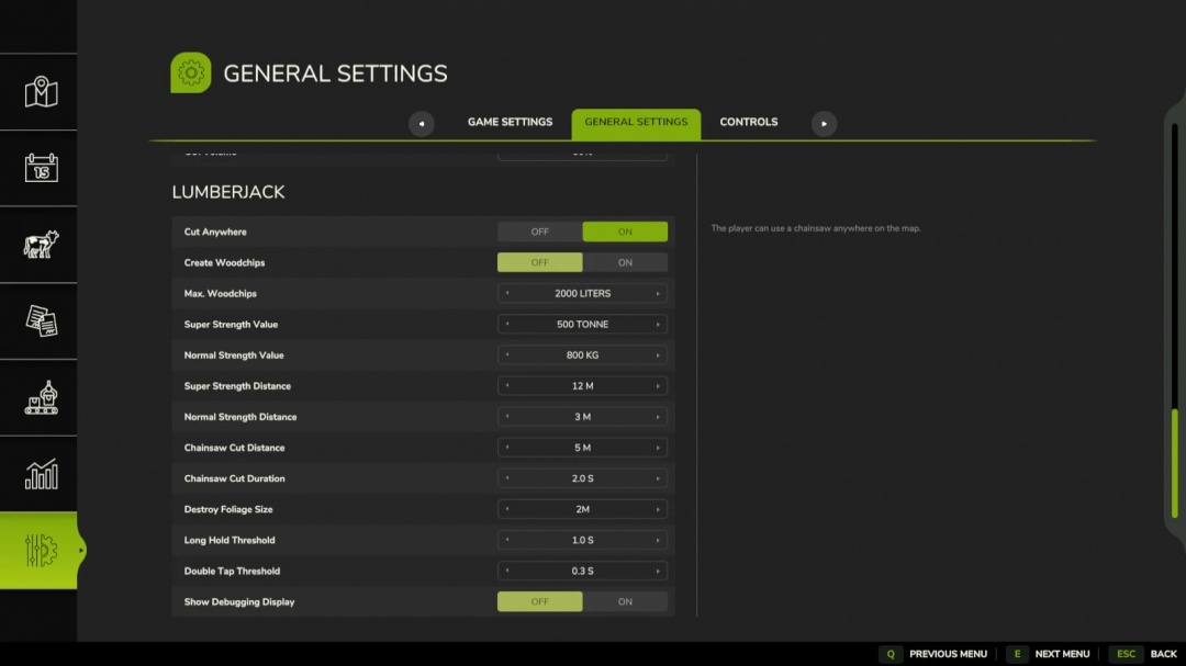 FS25 LumberJack mod settings screen in Farming Simulator 25, showing options like cut anywhere, woodchips creation, and strength values.