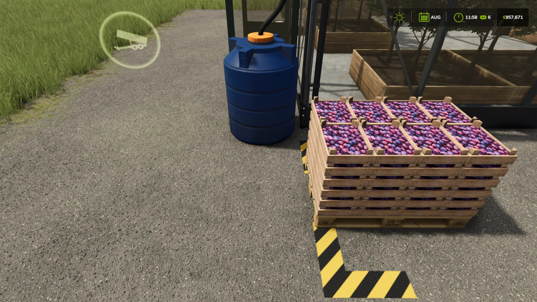 FS25 mod Marmalade Production with crates of fruit beside a water tank.