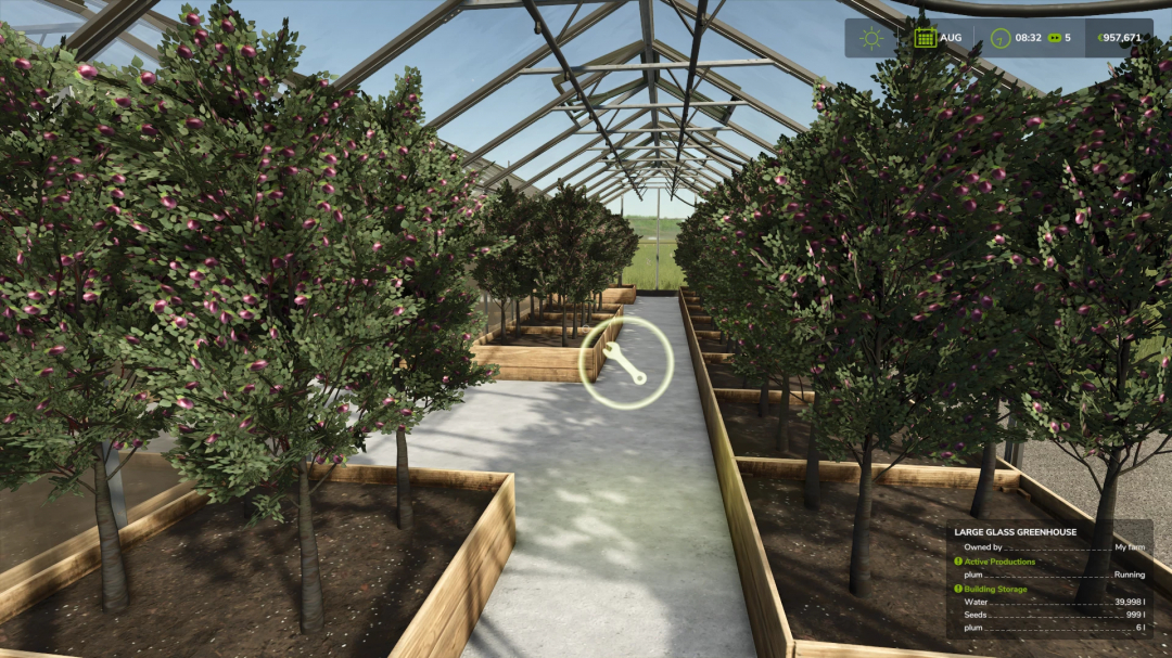 FS25 mod MARMELADE PRODUCTION featuring a large glass greenhouse with fruit trees inside, used for jam production.