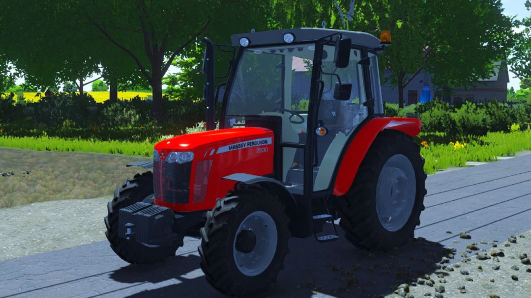 Massey Ferguson 2630 tractor mod in FS22 on a sunny day, showcasing its red design in a rural setting.