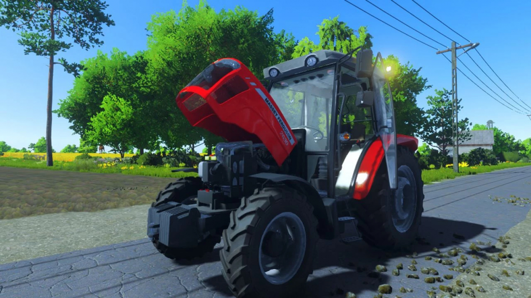 Massey Ferguson 2630 tractor mod in FS22, depicted on a rural road amidst greenery.