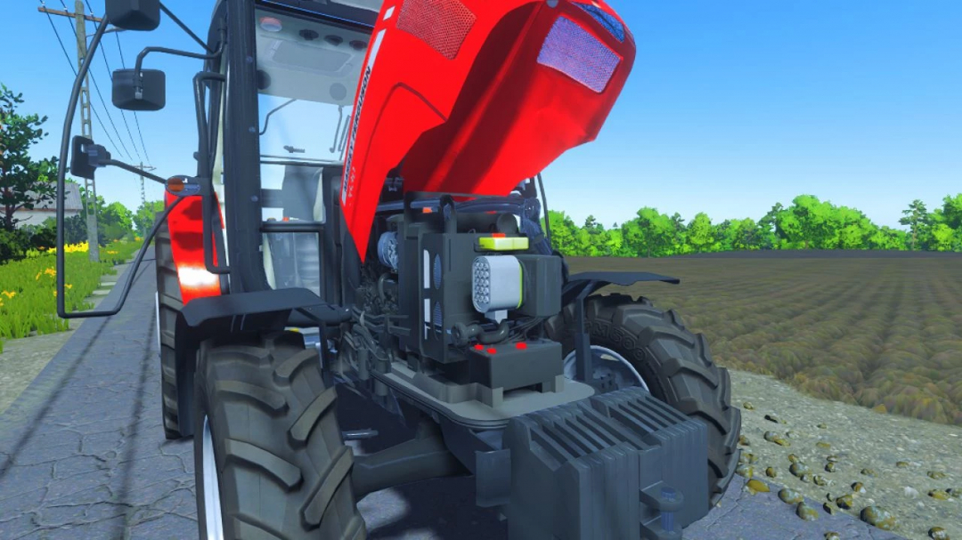 Massey Ferguson 2630 mod for FS22 with open hood revealing engine details.