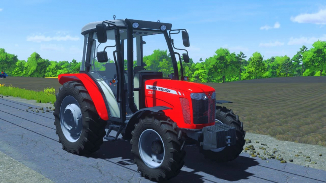 Massey Ferguson 2630 tractor mod in FS22 on a rural road, showcasing its design and functionality.