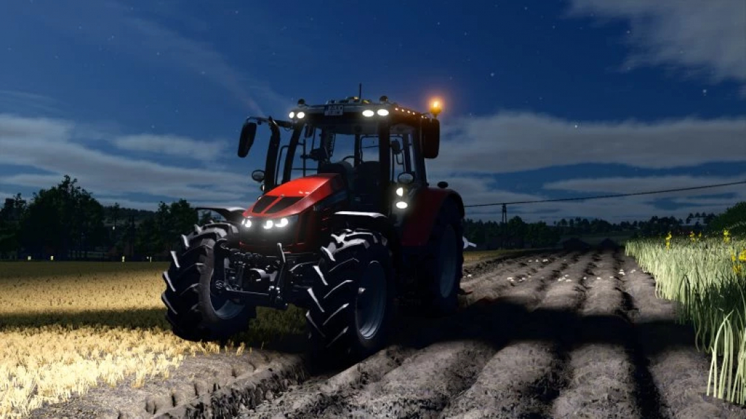 Massey Ferguson 5700S tractor mod for FS25 shown at night farming scene.