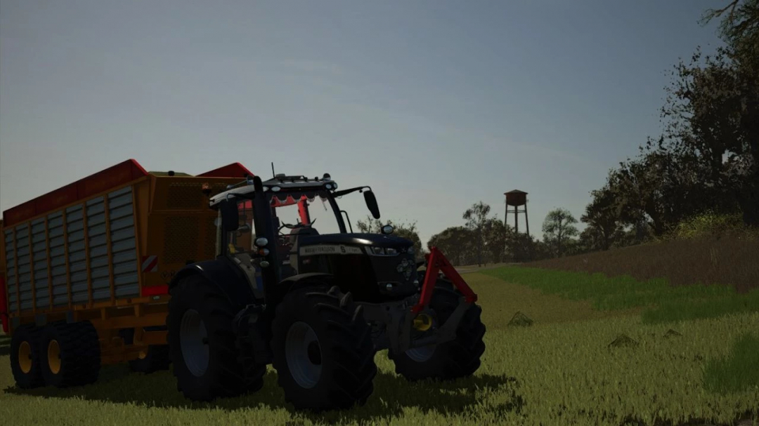 Massey Ferguson 7720S Black Edit tractor mod in FS25 on a field with trailer.