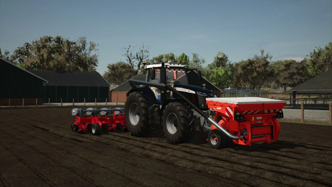 Massey Ferguson 7720S Black Edit mod in FS25, featuring a tractor with attached seeder in a farm setting.