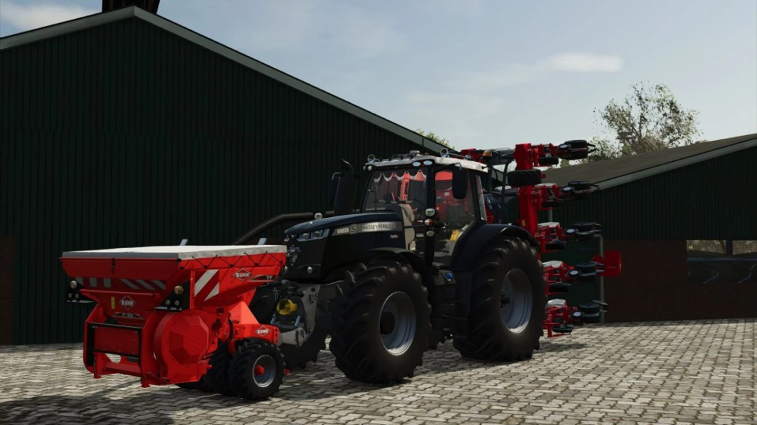 Massey Ferguson 7720S Black Edit with Kuhn equipment in FS25 mod, showcased in a farm setting.