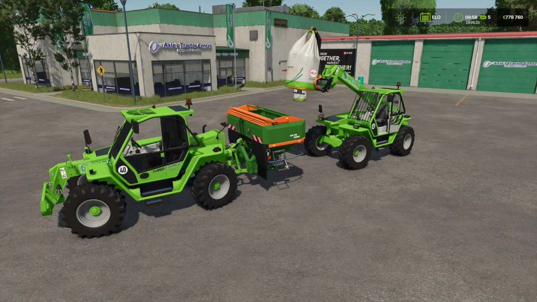 Merlo P41.7 Turbofarmer in Farming Simulator 25 mod, showcasing two green loaders with farming attachments near a tractor center.