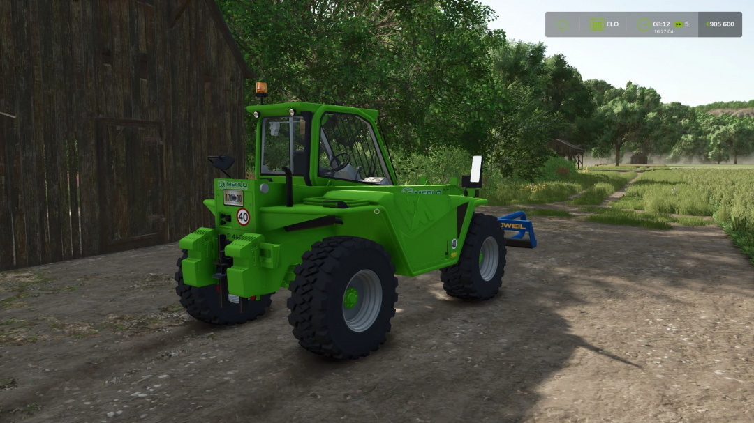 Merlo P41.7 Turbofarmer in Farming Simulator 25 mod, shown near a barn surrounded by greenery.