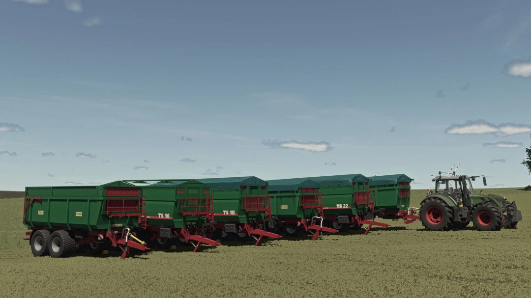 FS25 Metaltech TS Pack v1.0.0.0 mod showcasing multiple green trailers and a tractor in a field.