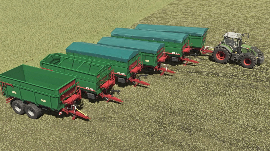 FS25 Metaltech TS Pack v1.0.0.0 mod showing green trailers and tractor on field.