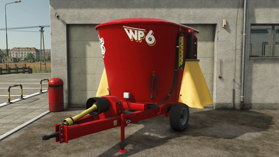 Metaltech WP 6 v1.0.0.0 mod for Farming Simulator 25, featuring a red attachment in a parking area.