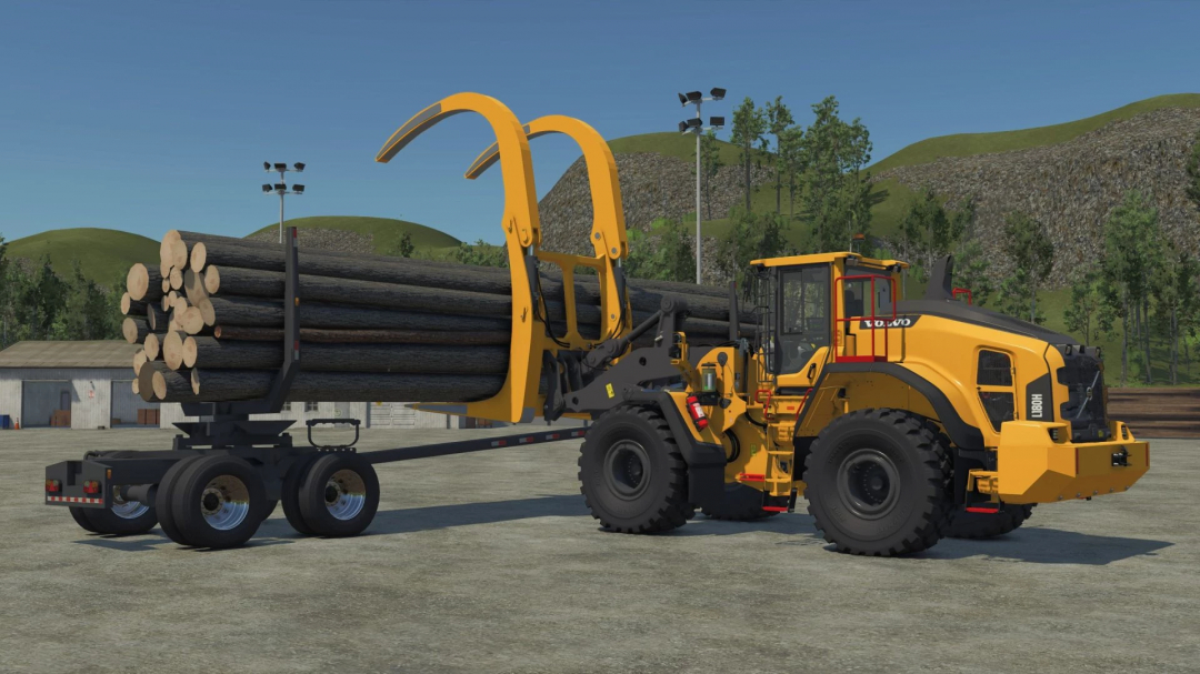 FS25 mod Millyard Grapple/Edited Volvo l180H v2.0.0.0 lifting logs in a construction area.