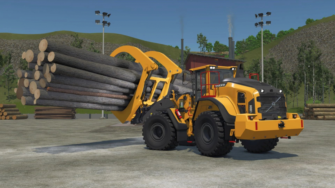 FS25 mods: Millyard grapple on Edited Volvo l180H v2.0.0.0 holding logs in Farming Simulator 25.