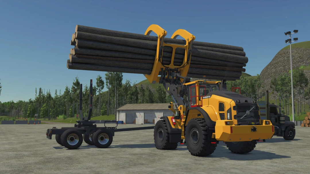 FS25 mod: Volvo l180H with Millyard Grapple lifting logs in Farming Simulator 25.