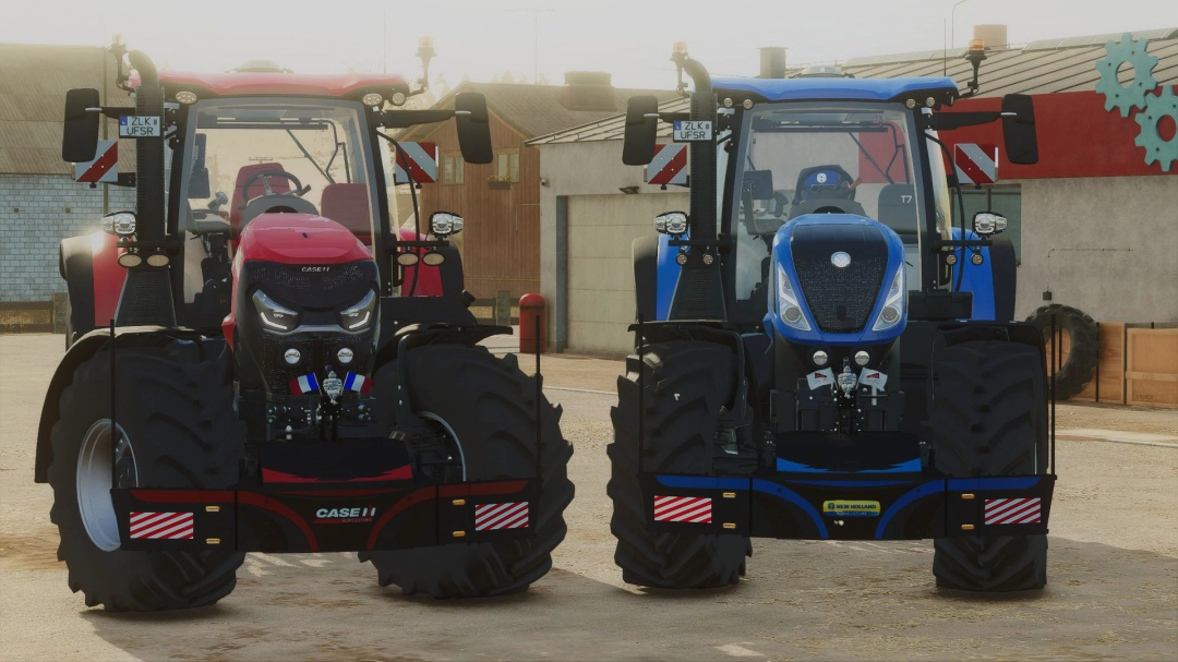 FS25 mods: two tractors with multi brand bumpers, featuring red Case IH and blue New Holland models in Farming Simulator 25.