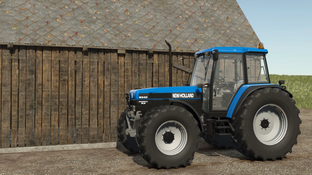 New Holland 8340 mod for FS25 displayed next to a wooden barn.