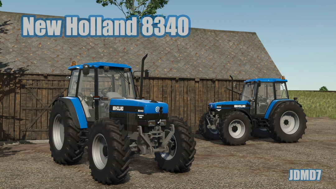 New Holland 8340 tractors mod in Farming Simulator 25, showcasing two blue tractors in front of a wooden barn.