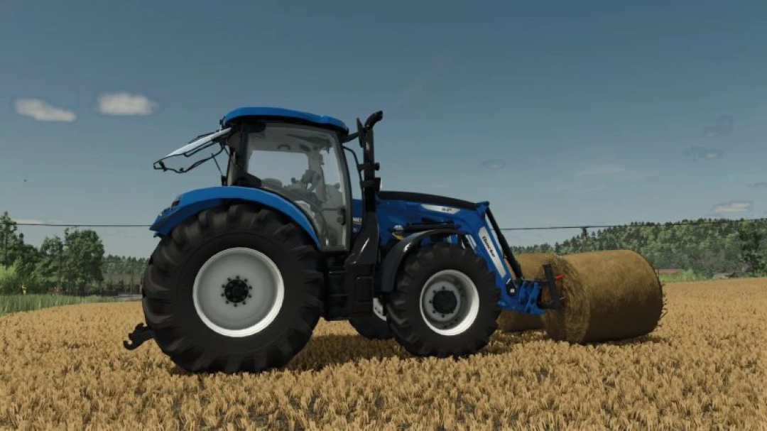 New Holland T6 2012 mod in FS25, showcasing a blue tractor in a field with a bale of hay.