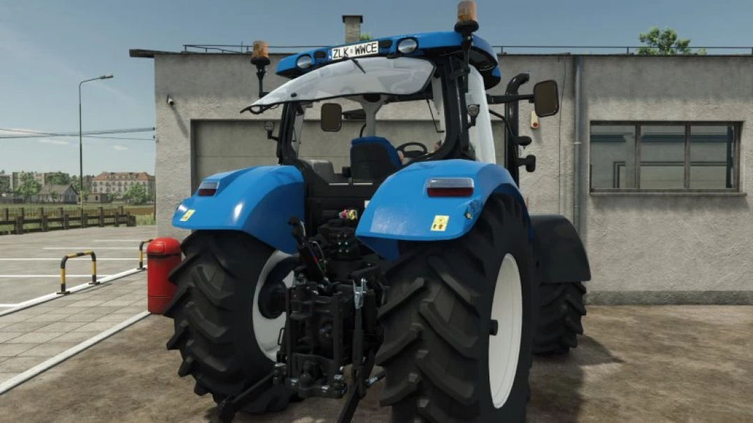 Rear view of New Holland T6 2012 tractor mod in FS25, showcasing tires and attachments.