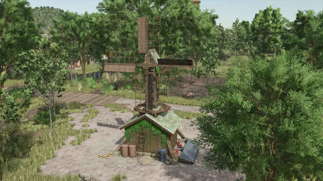 Old Grain Mills mod for FS25 features a rustic windmill surrounded by lush greenery.