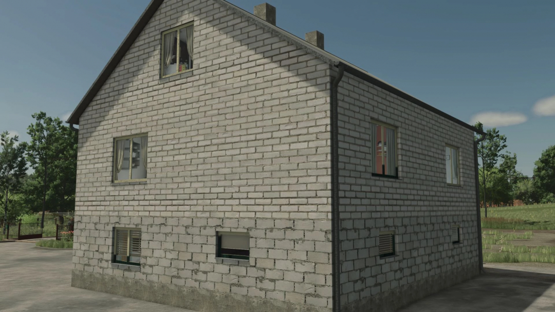 Old brick house mod in FS25 game, displaying detailed architecture and rural setting.