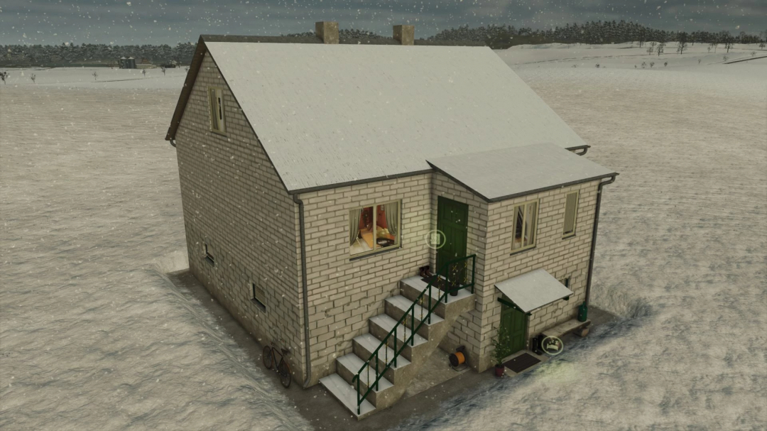 Snow-covered old house mod in FS25's farming landscape, showcasing detailed textures and countryside atmosphere.