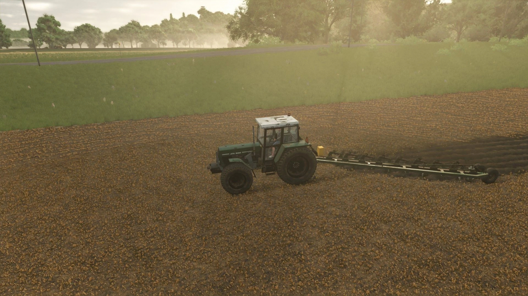 Tractor plowing field using PHX Pack mod in FS25