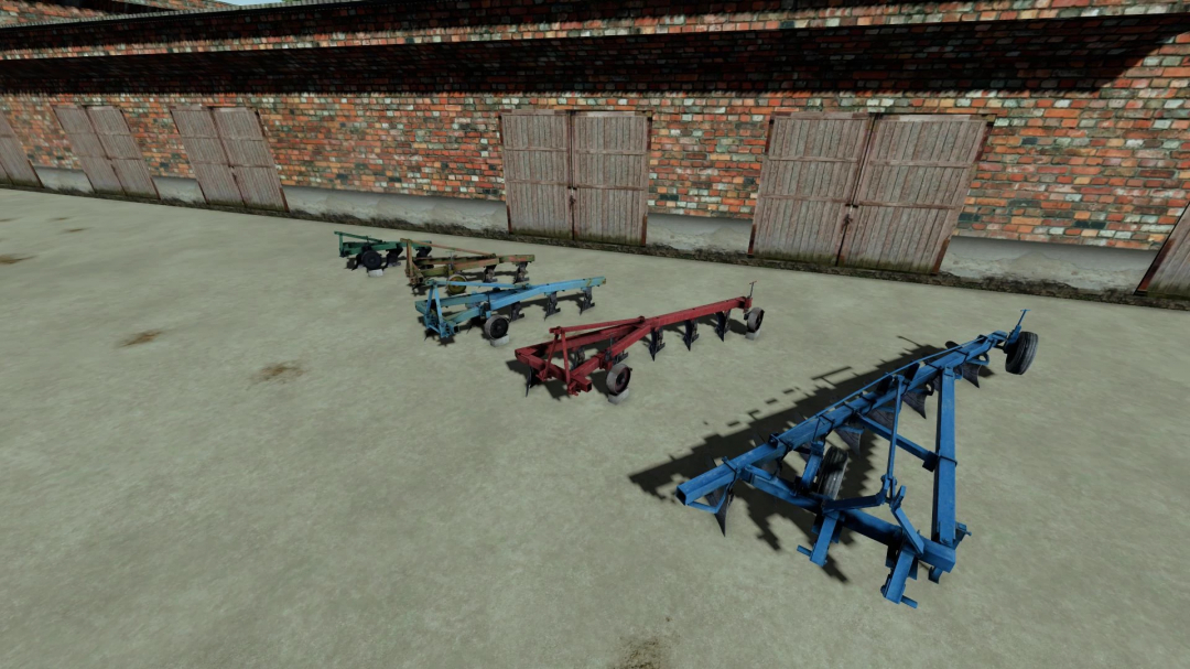 Four PLN plows in different colors on display, part of the FS22 mods for Farming Simulator 22.