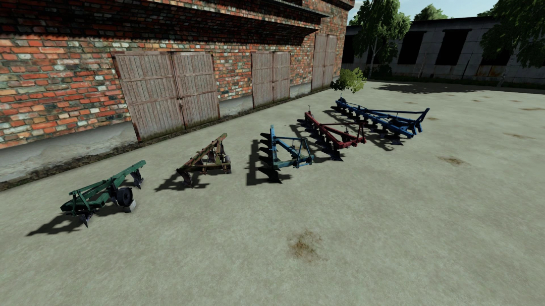 FS22 PLN plows pack v1.0.0.0 displayed outside a brick building