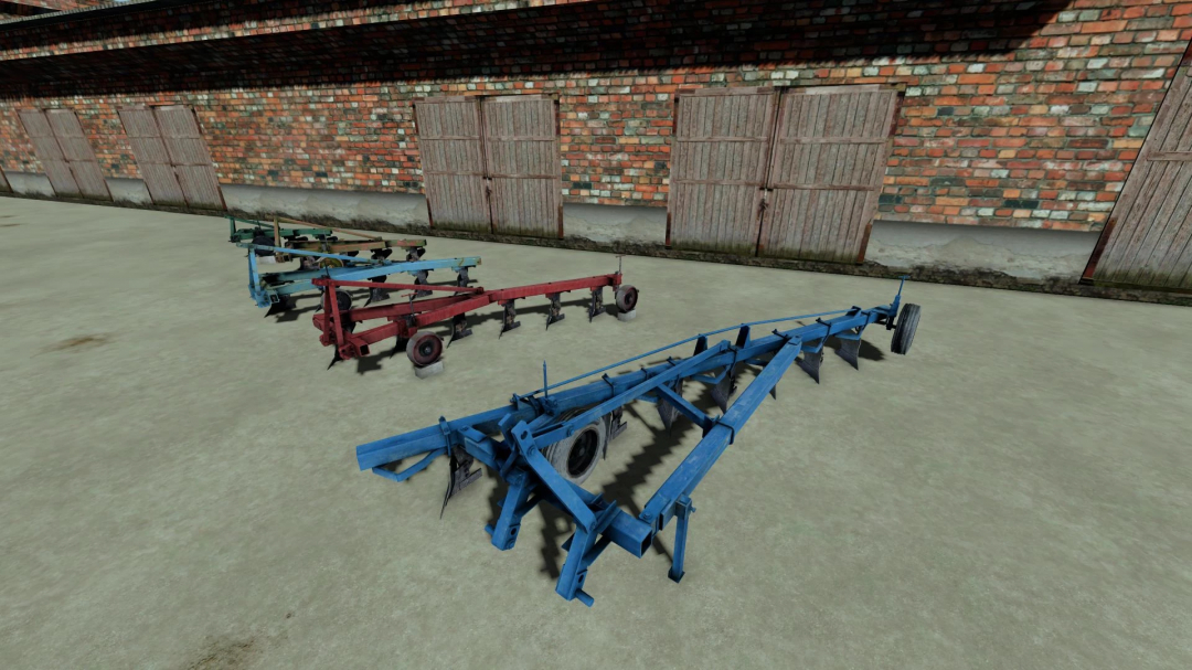 FS22 mods: PLN plows pack v1.0.0.0 in various colors outside a brick building in Farming Simulator 22.