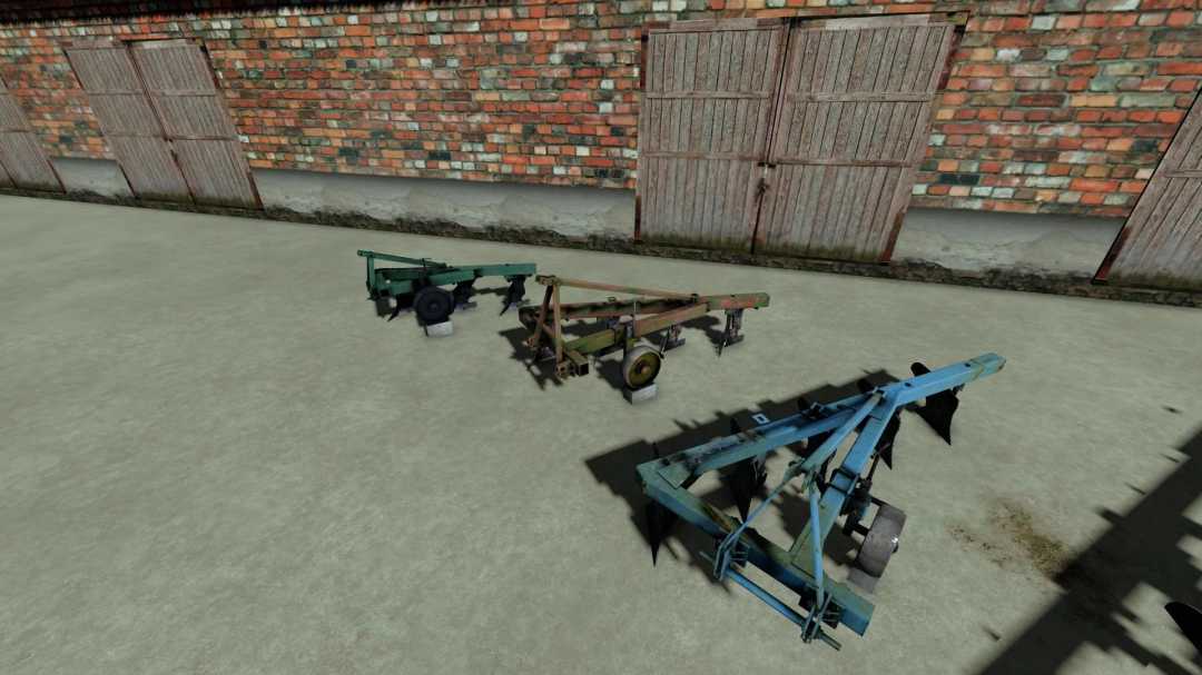 FS22 PLN plows pack mod showing three colorful plows against a brick wall.