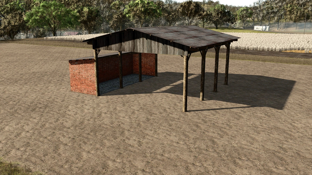 FS25 mod Pack Sheds Br v1.0.0.0, featuring a wooden and brick shed structure on a dirt field.