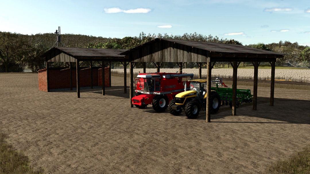 FS25 Pack Sheds Br mod showing farm machinery under wooden sheds.