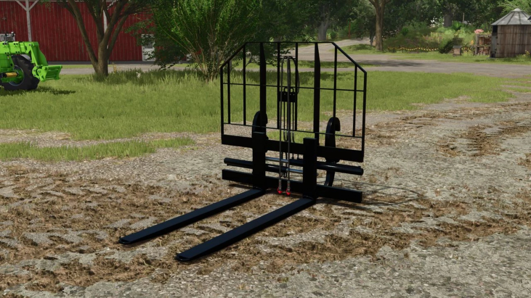 Pallet Fork v1.0.0.0 mod for FS25, displayed on a dirt path in a rural setting.