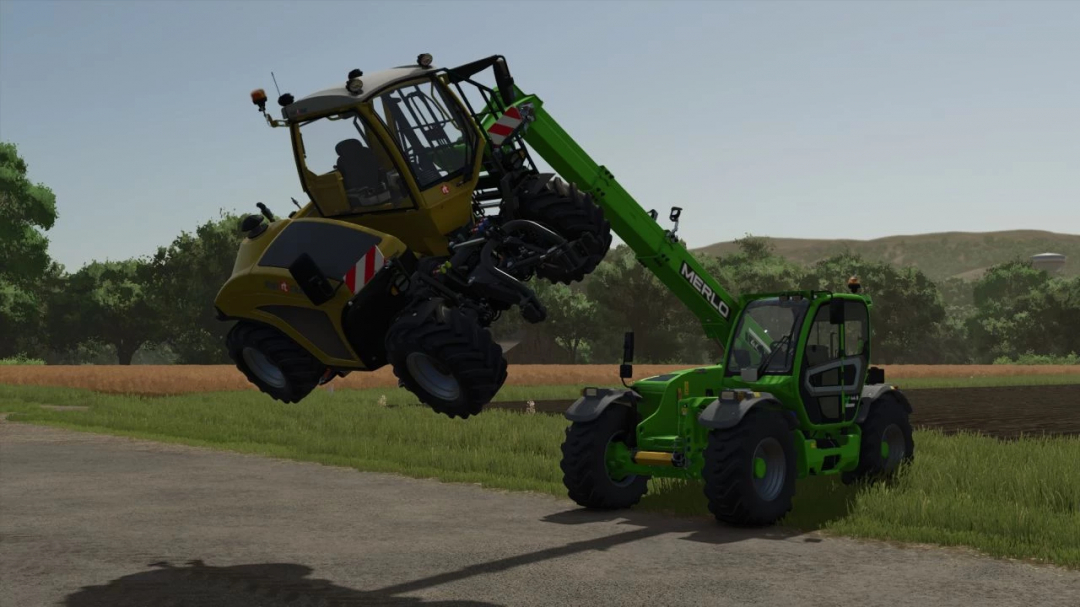 FS25 mod Pallet Fork v1.0.0.0 lifting vehicle with green telehandler on farm.