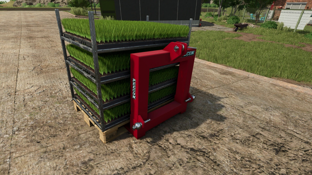 FS25 Peecon PD 1500 v1.0.0.0 mod, showcasing a red agricultural attachment on a crop pallet.