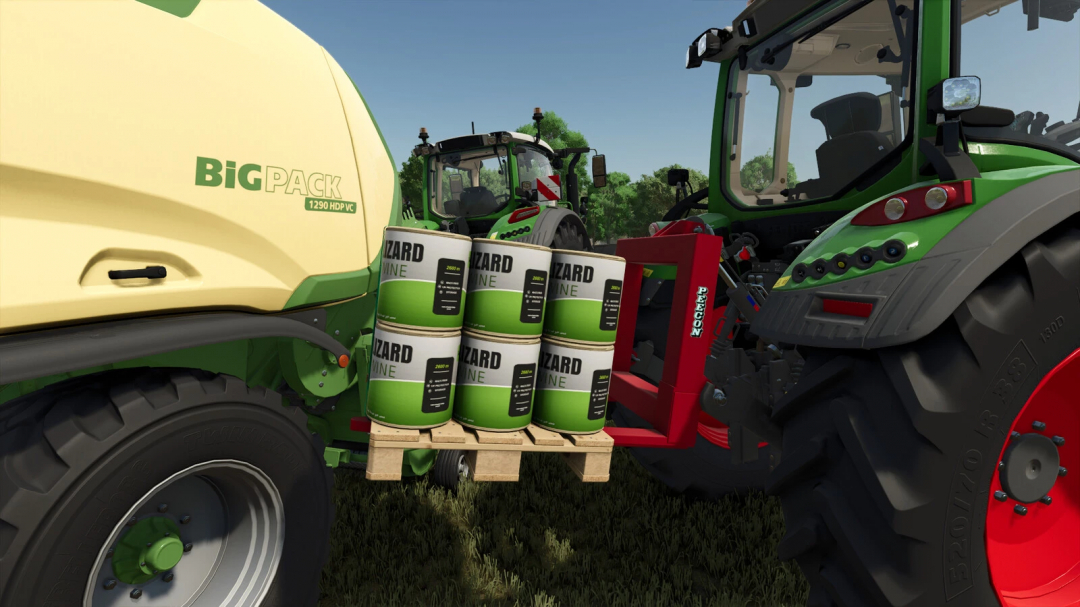 FS25 mod Peecon PD 1500 v1.0.0.0 features a tractor carrying a pallet with barrels in Farming Simulator 25.