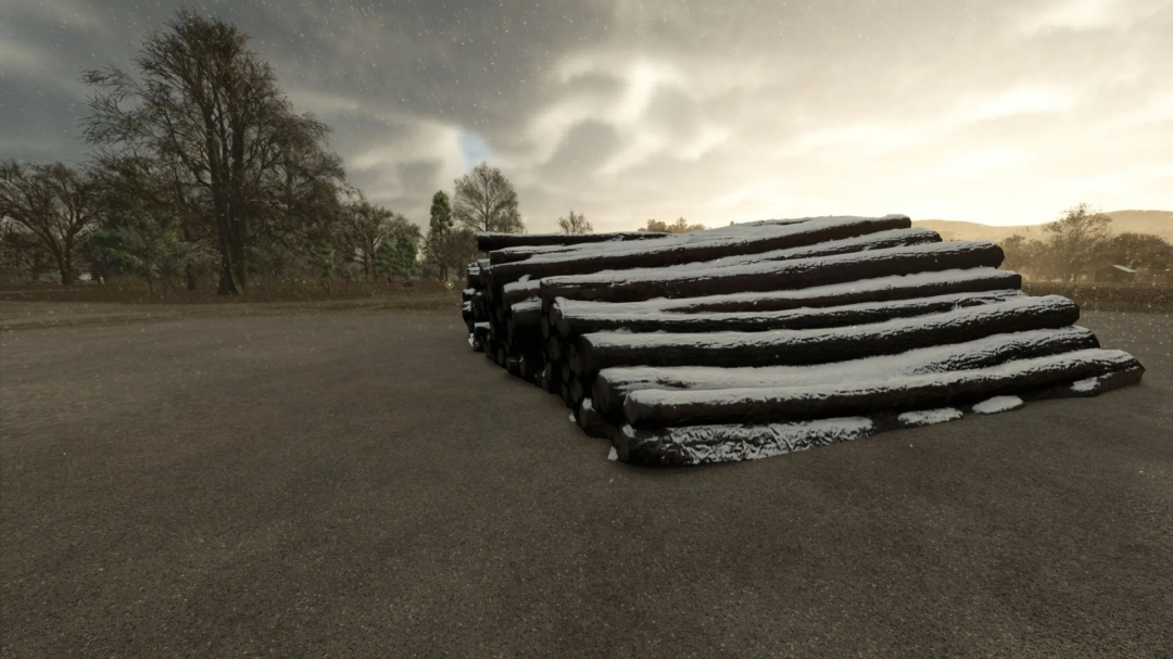 Snow-covered logs stacked in Farming Simulator 25 mod Placeable Log Stack v1.0.0.2.