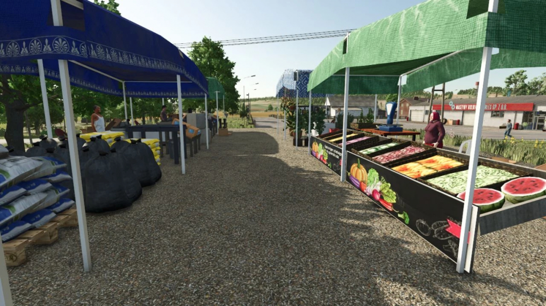 Placeable Market Decoration in FS25 featuring stalls with produce, enhancing game realism.