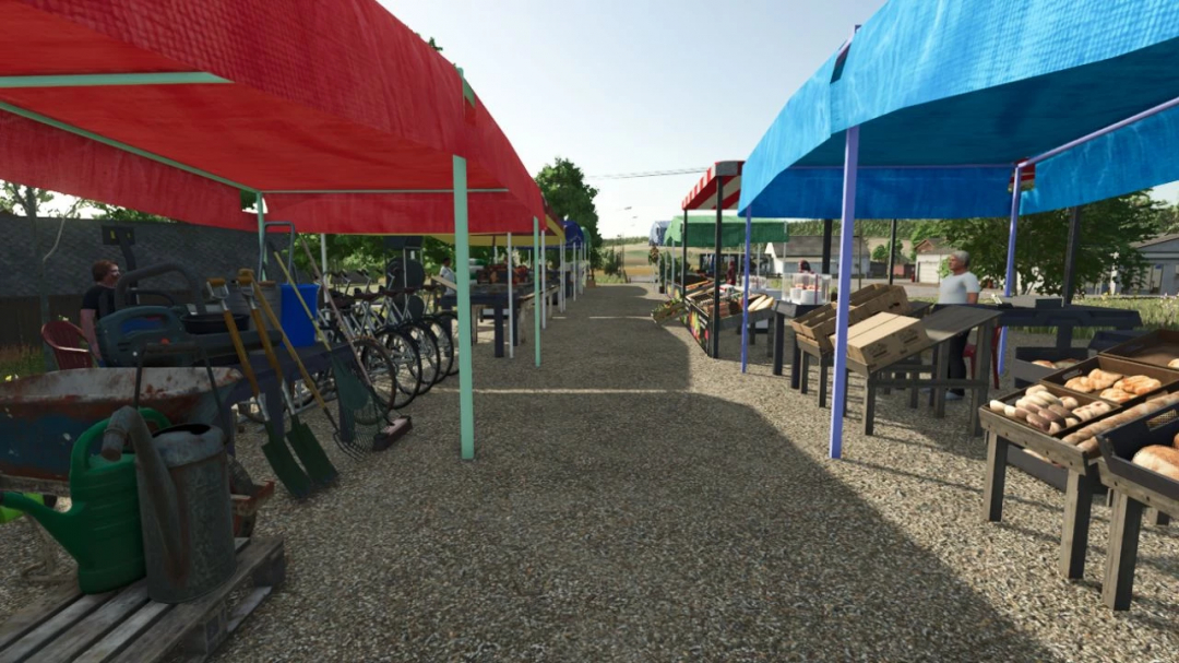 FS25 mod Placeable Market Decoration with colorful stalls featuring tools and produce displays.