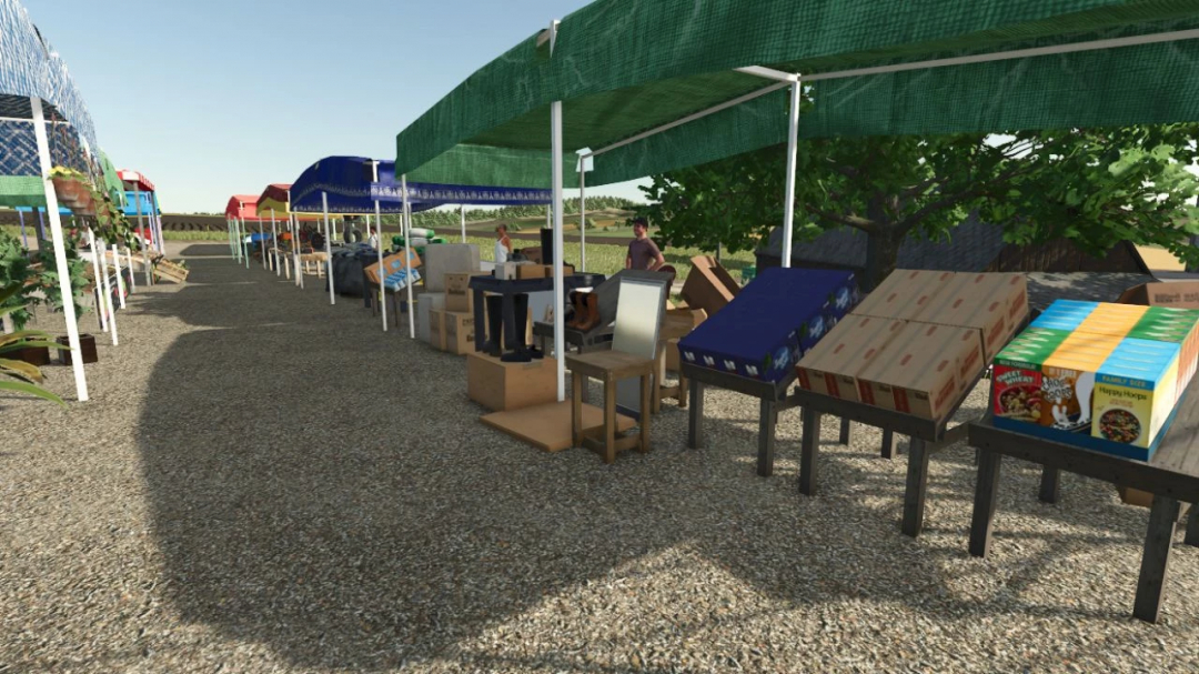 FS25 mods market decoration showing colorful stalls with boxes and goods under tents in Farming Simulator 25.