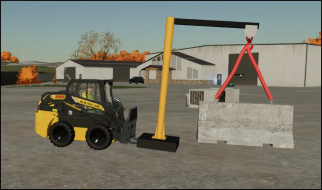 FS22 mod image of a portable jib crane lifting a concrete block with a skid steer in Farming Simulator 22.