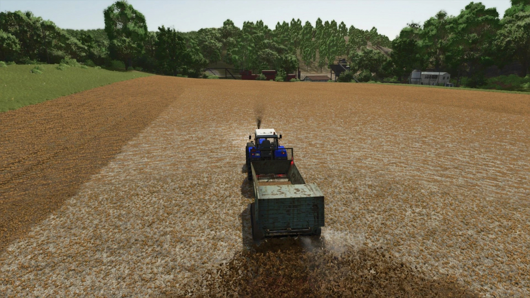 FS25 mod RUR 10 v1.0.0.0 depicted in a field with a tractor working on soil, surrounded by trees.