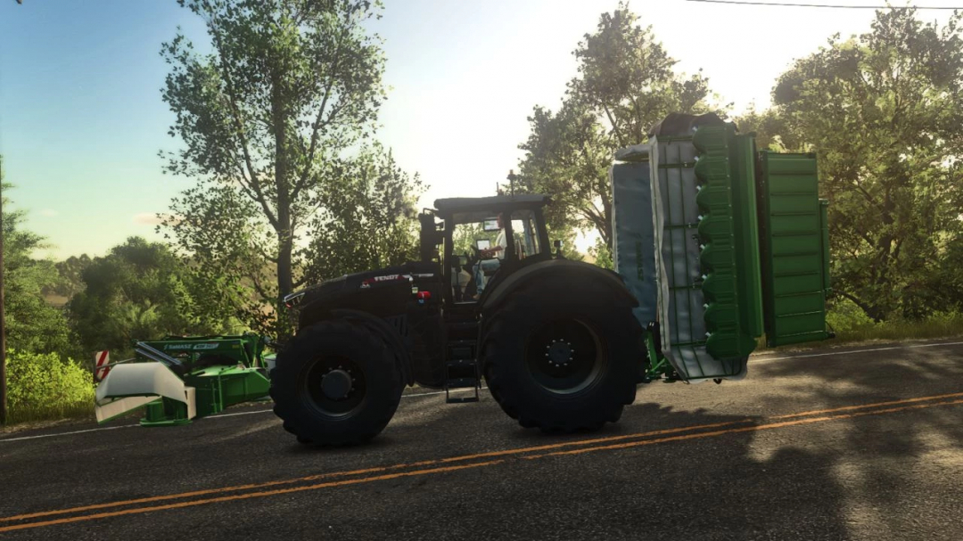 Tractor with Realistic 3 Point Attacher mod in FS25, displayed on a sunny road with trees.